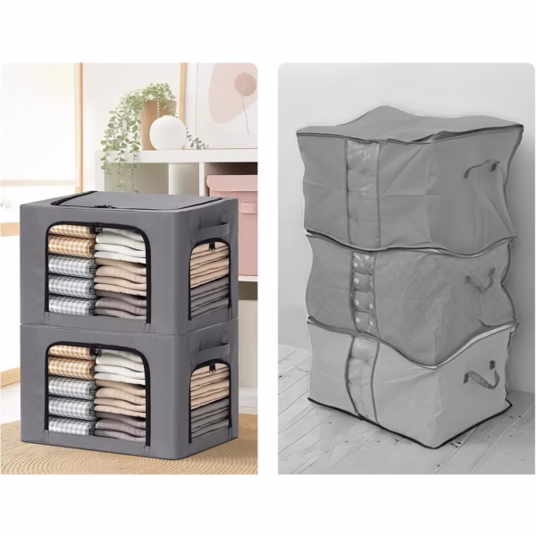 Cutie de Depozitare, Flippy, cu 3 Ferestre cu Fermoar Bidirectional, Cadru din Otel, Impermeabil, 38L, 42 x 30 x 30 cm, Gri Inchis - imagine 2