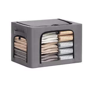 Cutie de Depozitare, Flippy, cu 3 Ferestre cu Fermoar Bidirectional, Cadru din Otel, Impermeabil, 38L, 42 x 30 x 30 cm, Gri Inchis