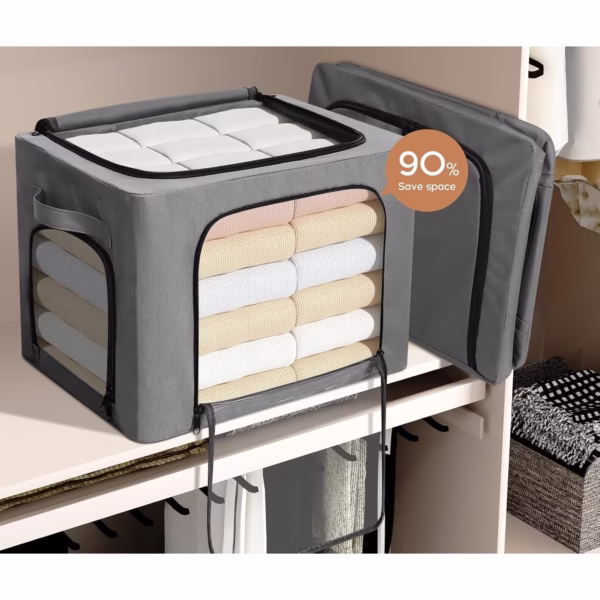 Cutie de Depozitare, Flippy, cu 3 Ferestre cu Fermoar Bidirectional, Cadru din Otel, Impermeabil, 38L, 42 x 30 x 30 cm, Gri Inchis - imagine 5