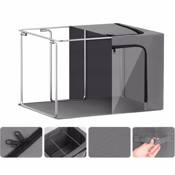 Cutie de Depozitare, Flippy, cu 3 Ferestre cu Fermoar Bidirectional, Cadru din Otel, Impermeabil, 38L, 42 x 30 x 30 cm, Gri Inchis - imagine 6
