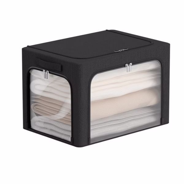 Cutie de Depozitare, Flippy, cu 3 Ferestre cu Fermoar Bidirectional, Cadru din Otel, Impermeabil, 38L, 42 x 30 x 30 cm, Negru - imagine 1