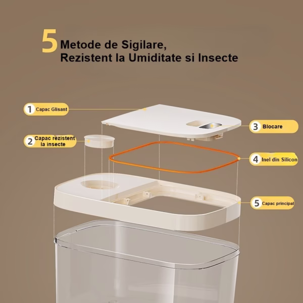 Cutie de Depozitare Flippy, de Uz Casnic, Rezistentă la Insecte și la Umiditate, Rezervor Sigilat pentru Depozitare Alimentară, Capacitate 10 kg, 37x26x19.5 cm, Alb - imagine 8