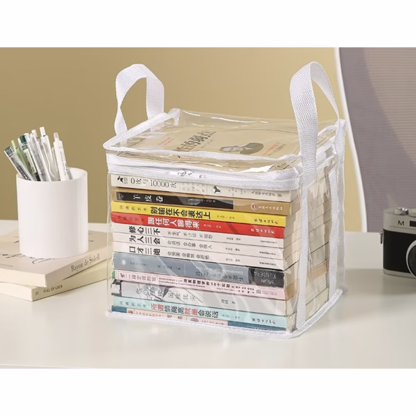 Cutie de Depozitare, Flippy, din PVC+Textil, Rezistenta la Apa, Geanta pentru Carti, 23x17x28 cm, Transparent-Alb - imagine 5