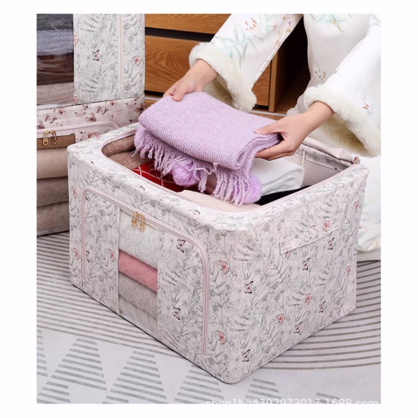 Cutie Depozitare, Flippy, 66L, din Material Textil, 50 x 40 x 33 cm, pentru Haine si Lenjerii, Model Fluturasi, Bej - imagine 5