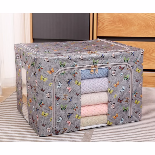 Cutie Depozitare, Flippy, 66L, din Material Textil, 50 x 40 x 33 cm, pentru Haine si Lenjerii, Model Fluturasi, Gri Inchis - imagine 5
