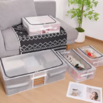 Cutie de Depozitare, Flippy, pentru Pantofi Haine, din Plasa PVC Impermeabila si Manere Laterale, Pliabila, Fermoar Bidirectional, 50 x 40 x 15 cm, Transparenta - imagine 2