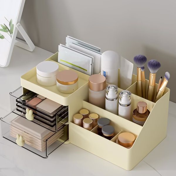 Cutie de Depozitare pentru Birou, Flippy, Pentru Makeup, Papetarie, Organizator Cosmetice, 2 Sertare si Compartimente Multiple, Model Iepuras, Plastic, 27.5x15.5x12 cm, Crem - imagine 3