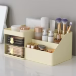 Cutie de Depozitare pentru Birou, Flippy, Pentru Makeup, Papetarie, Organizator Cosmetice, 2 Sertare si Compartimente Multiple, Model Iepuras, Plastic, 27.5x15.5x12 cm, Crem - imagine 4