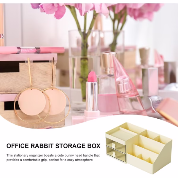 Cutie de Depozitare pentru Birou, Flippy, Pentru Makeup, Papetarie, Organizator Cosmetice, 2 Sertare si Compartimente Multiple, Model Iepuras, Plastic, 27.5x15.5x12 cm, Crem - imagine 5