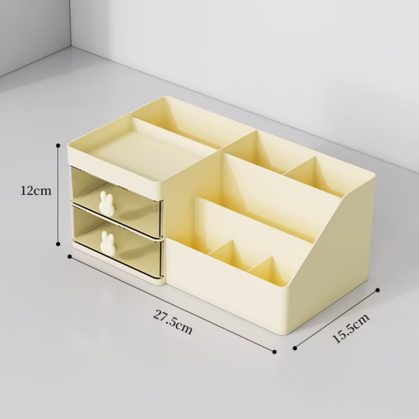 Cutie de Depozitare pentru Birou, Flippy, Pentru Makeup, Papetarie, Organizator Cosmetice, 2 Sertare si Compartimente Multiple, Model Iepuras, Plastic, 27.5x15.5x12 cm, Crem - imagine 7