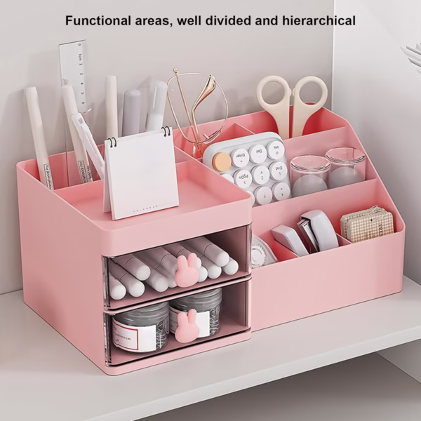 Cutie de Depozitare pentru Birou, Flippy, Pentru Makeup, Papetarie, Organizator Cosmetice, 2 Sertare si Compartimente Multiple, Model Iepuras, Plastic, 27.5x15.5x12 cm, Roz - imagine 3