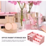 Cutie de Depozitare pentru Birou, Flippy, Pentru Makeup, Papetarie, Organizator Cosmetice, 2 Sertare si Compartimente Multiple, Model Iepuras, Plastic, 27.5x15.5x12 cm, Roz - imagine 4
