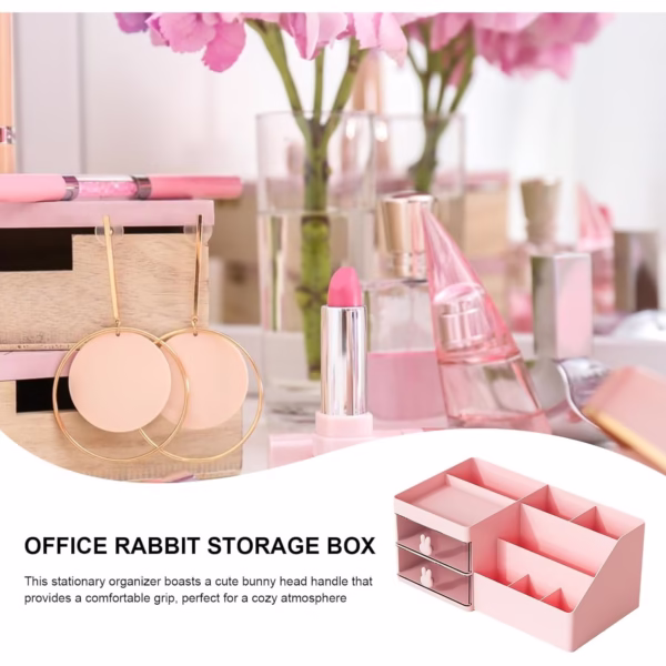 Cutie de Depozitare pentru Birou, Flippy, Pentru Makeup, Papetarie, Organizator Cosmetice, 2 Sertare si Compartimente Multiple, Model Iepuras, Plastic, 27.5x15.5x12 cm, Roz - imagine 4