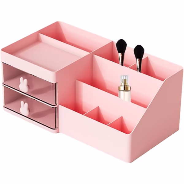 Cutie de Depozitare pentru Birou, Flippy, Pentru Makeup, Papetarie, Organizator Cosmetice, 2 Sertare si Compartimente Multiple, Model Iepuras, Plastic, 27.5x15.5x12 cm, Roz - imagine 5