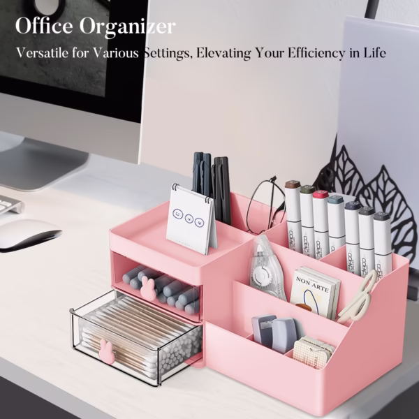 Cutie de Depozitare pentru Birou, Flippy, Pentru Makeup, Papetarie, Organizator Cosmetice, 2 Sertare si Compartimente Multiple, Model Iepuras, Plastic, 27.5x15.5x12 cm, Roz - imagine 6