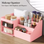 Cutie de Depozitare pentru Birou, Flippy, Pentru Makeup, Papetarie, Organizator Cosmetice, 2 Sertare si Compartimente Multiple, Model Iepuras, Plastic, 27.5x15.5x12 cm, Roz - imagine 7