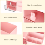 Cutie de Depozitare pentru Birou, Flippy, Pentru Makeup, Papetarie, Organizator Cosmetice, 2 Sertare si Compartimente Multiple, Model Iepuras, Plastic, 27.5x15.5x12 cm, Roz - imagine 9