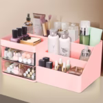 Cutie de Depozitare pentru Birou, Flippy, Pentru Makeup, Papetarie, Organizator Cosmetice, 2 Sertare si Compartimente Multiple, Model Iepuras, Plastic, 27.5x15.5x12 cm, Roz - imagine 10