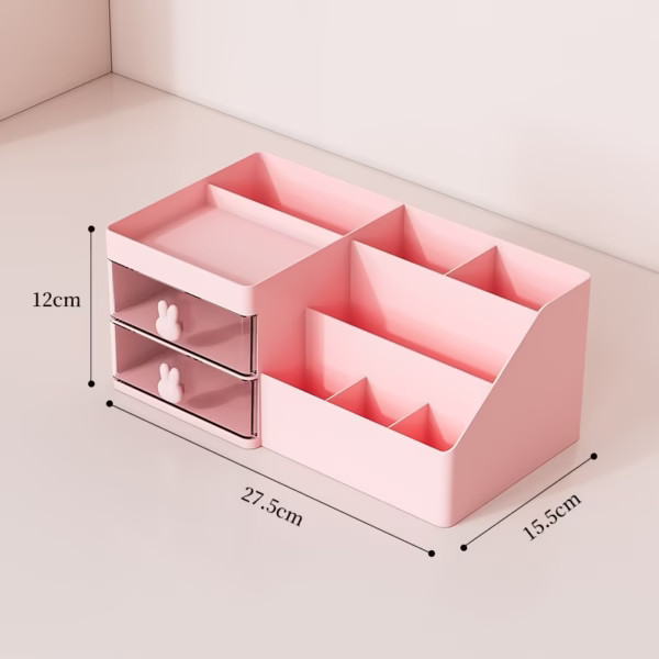 Cutie de Depozitare pentru Birou, Flippy, Pentru Makeup, Papetarie, Organizator Cosmetice, 2 Sertare si Compartimente Multiple, Model Iepuras, Plastic, 27.5x15.5x12 cm, Roz - imagine 11