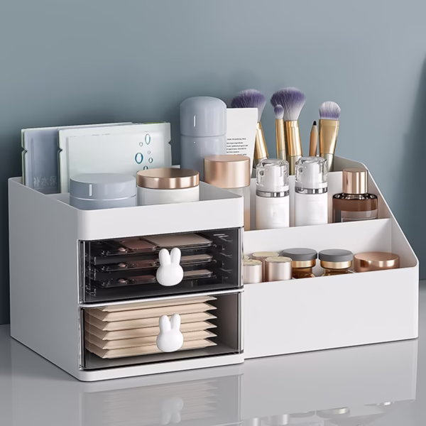 Cutie de Depozitare pentru Birou, Flippy, Pentru Makeup, Papetarie, Organizator Cosmetice, 2 Sertare si Compartimente Multiple, Model Iepuras, Plastic, 27.5x15.5x12 cm, Alb - imagine 4