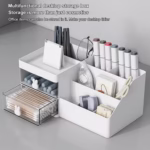 Cutie de Depozitare pentru Birou, Flippy, Pentru Makeup, Papetarie, Organizator Cosmetice, 2 Sertare si Compartimente Multiple, Model Iepuras, Plastic, 27.5x15.5x12 cm, Alb - imagine 5