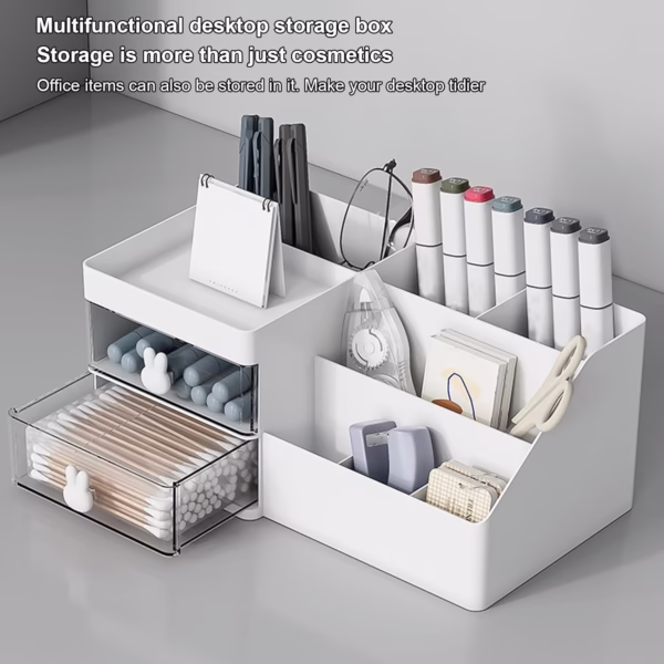 Cutie de Depozitare pentru Birou, Flippy, Pentru Makeup, Papetarie, Organizator Cosmetice, 2 Sertare si Compartimente Multiple, Model Iepuras, Plastic, 27.5x15.5x12 cm, Alb - imagine 5