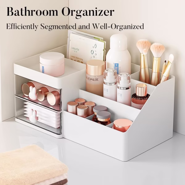Cutie de Depozitare pentru Birou, Flippy, Pentru Makeup, Papetarie, Organizator Cosmetice, 2 Sertare si Compartimente Multiple, Model Iepuras, Plastic, 27.5x15.5x12 cm, Alb - imagine 6