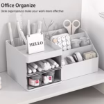 Cutie de Depozitare pentru Birou, Flippy, Pentru Makeup, Papetarie, Organizator Cosmetice, 2 Sertare si Compartimente Multiple, Model Iepuras, Plastic, 27.5x15.5x12 cm, Alb - imagine 7