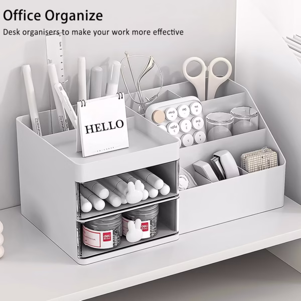 Cutie de Depozitare pentru Birou, Flippy, Pentru Makeup, Papetarie, Organizator Cosmetice, 2 Sertare si Compartimente Multiple, Model Iepuras, Plastic, 27.5x15.5x12 cm, Alb - imagine 7