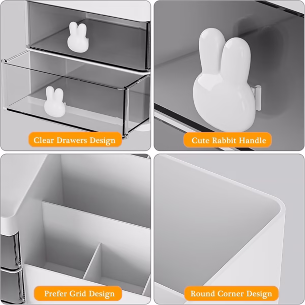 Cutie de Depozitare pentru Birou, Flippy, Pentru Makeup, Papetarie, Organizator Cosmetice, 2 Sertare si Compartimente Multiple, Model Iepuras, Plastic, 27.5x15.5x12 cm, Alb - imagine 8