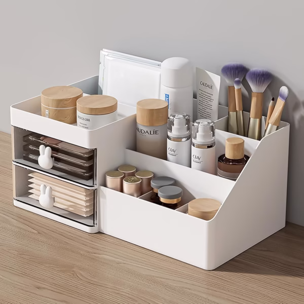 Cutie de Depozitare pentru Birou, Flippy, Pentru Makeup, Papetarie, Organizator Cosmetice, 2 Sertare si Compartimente Multiple, Model Iepuras, Plastic, 27.5x15.5x12 cm, Alb - imagine 10