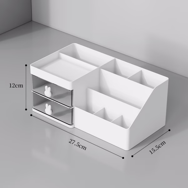 Cutie de Depozitare pentru Birou, Flippy, Pentru Makeup, Papetarie, Organizator Cosmetice, 2 Sertare si Compartimente Multiple, Model Iepuras, Plastic, 27.5x15.5x12 cm, Alb - imagine 11