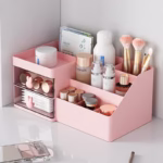 Cutie de Depozitare pentru Birou, Flippy, Pentru Makeup, Papetarie, Organizator Cosmetice, 2 Sertare si Compartimente Multiple, Model Iepuras, Plastic, 27.5x15.5x12 cm, Roz - imagine 12