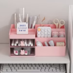 Cutie de Depozitare pentru Birou, Flippy, Pentru Makeup, Papetarie, Organizator Cosmetice, 2 Sertare si Compartimente Multiple, Model Iepuras, Plastic, 27.5x15.5x12 cm, Roz - imagine 13