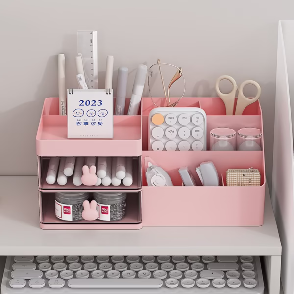 Cutie de Depozitare pentru Birou, Flippy, Pentru Makeup, Papetarie, Organizator Cosmetice, 2 Sertare si Compartimente Multiple, Model Iepuras, Plastic, 27.5x15.5x12 cm, Roz - imagine 13
