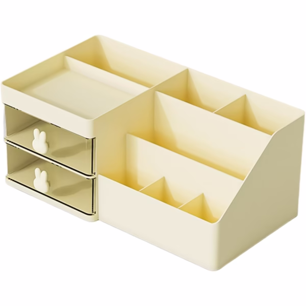 Cutie de Depozitare pentru Birou, Flippy, Pentru Makeup, Papetarie, Organizator Cosmetice, 2 Sertare si Compartimente Multiple, Model Iepuras, Plastic, 27.5x15.5x12 cm, Crem - imagine 1