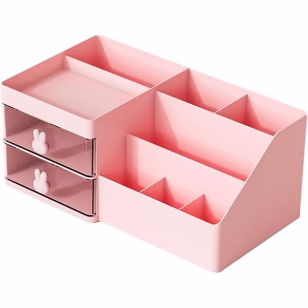 Cutie de Depozitare pentru Birou, Flippy, Pentru Makeup, Papetarie, Organizator Cosmetice, 2 Sertare si Compartimente Multiple, Model Iepuras, Plastic, 27.5x15.5x12 cm, Roz - imagine 1