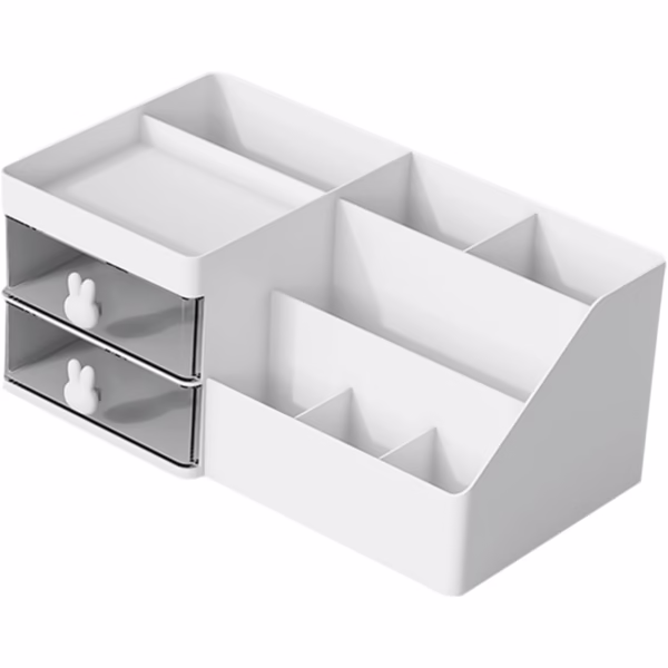 Cutie de Depozitare pentru Birou, Flippy, Pentru Makeup, Papetarie, Organizator Cosmetice, 2 Sertare si Compartimente Multiple, Model Iepuras, Plastic, 27.5x15.5x12 cm, Alb - imagine 1