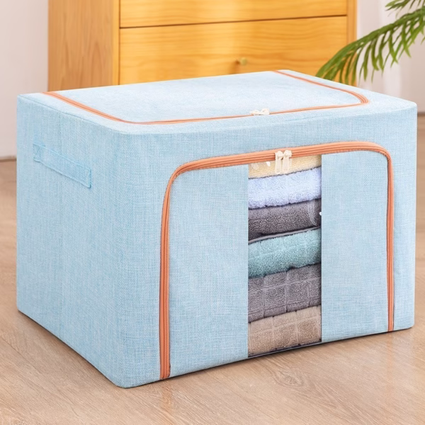 Cutie de Depozitare Pliabila, Flippy, 100 L, din Bumbac si In, 60x42x40 cm, 2 Ferestre, Frontala si Laterala, 2 Usi de Acces cu Fermoar Bidirectional, Cadru Metalic, Suport Baza Stabil din Plastic, Bleu - imagine 3