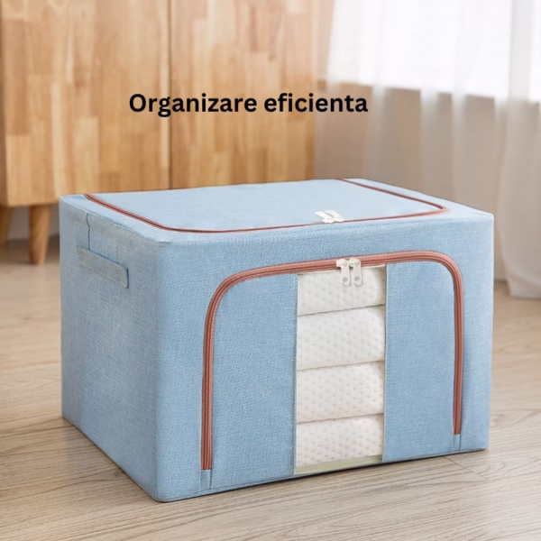 Cutie de Depozitare Pliabila, Flippy, 100 L, din Bumbac si In, 60x42x40 cm, 2 Ferestre, Frontala si Laterala, 2 Usi de Acces cu Fermoar Bidirectional, Cadru Metalic, Suport Baza Stabil din Plastic, Bleu - imagine 6