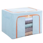 Cutie de Depozitare Pliabila, Flippy, 100 L, din Bumbac si In, 60x42x40 cm, 2 Ferestre, Frontala si Laterala, 2 Usi de Acces cu Fermoar Bidirectional, Cadru Metalic, Suport Baza Stabil din Plastic, Bleu