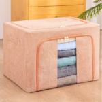 Cutie de Depozitare Pliabila, Flippy, 100 L, din Bumbac si In, 60x42x40 cm, Fereastra Frontala, 2 Usi de Acces cu Fermoar Bidirectional, Cadru Metalic, Suport Baza Stabil din Plastic, Roz Pudrat - imagine 4