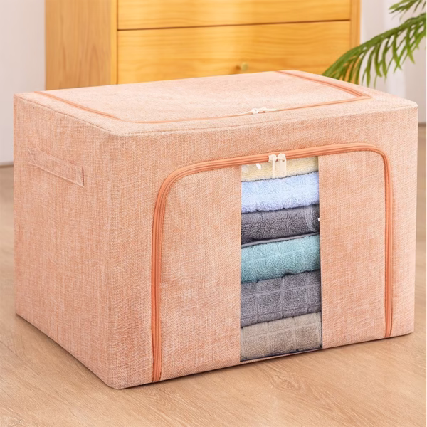 Cutie de Depozitare Pliabila, Flippy, 100 L, din Bumbac si In, 60x42x40 cm, Fereastra Frontala, 2 Usi de Acces cu Fermoar Bidirectional, Cadru Metalic, Suport Baza Stabil din Plastic, Roz Pudrat - imagine 4