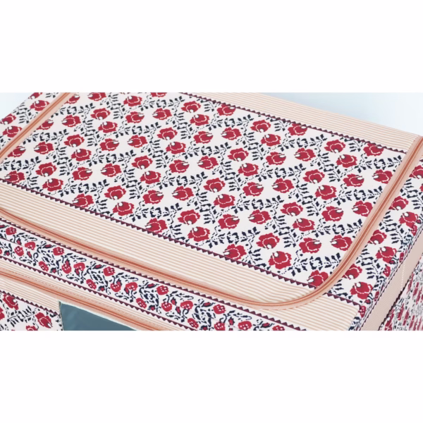 Cutie de Depozitare Pliabila, Flippy,100 L din Bumbac si In, 60X42X40 cm, Fereastra Frontala, 2 Usi de Acces cu Fermoar Bidirectional, Cadru Metalic, Suport Baza Stabil din Plastic, Motiv Traditional Model 4 - imagine 2
