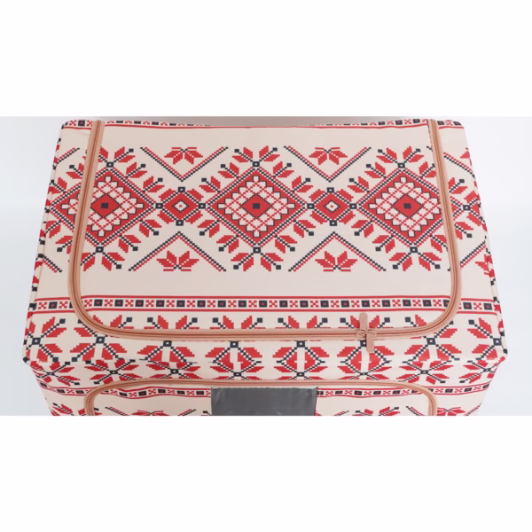 Cutie de Depozitare Pliabila, Flippy,100 L din Bumbac si In, 60X42X40 cm, Fereastra Frontala, 2 Usi de Acces cu Fermoar Bidirectional, Cadru Metalic, Suport Baza Stabil din Plastic, Motiv Traditional Model 2 - imagine 2