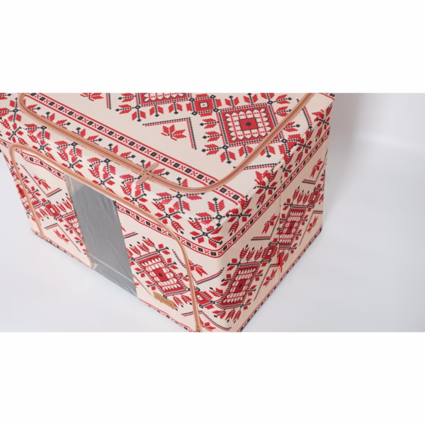 Cutie de Depozitare Pliabila, Flippy,100 L din Bumbac si In, 60X42X40 cm, Fereastra Frontala, 2 Usi de Acces cu Fermoar Bidirectional, Cadru Metalic, Suport Baza Stabil din Plastic, Motiv Traditional Model 2 - imagine 3