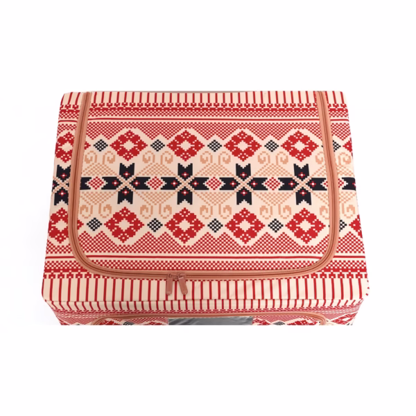 Cutie de Depozitare Pliabila, Flippy,100 L din Bumbac si In, 60X42X40 cm, Fereastra Frontala, 2 Usi de Acces cu Fermoar Bidirectional, Cadru Metalic, Suport Baza Stabil din Plastic, Motiv Traditional Model 1 - imagine 2