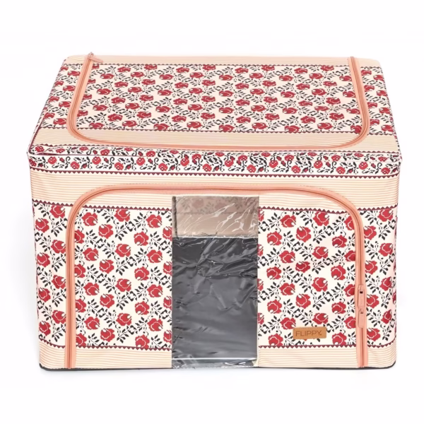 Cutie de Depozitare Pliabila, Flippy,100 L din Bumbac si In, 60X42X40 cm, Fereastra Frontala, 2 Usi de Acces cu Fermoar Bidirectional, Cadru Metalic, Suport Baza Stabil din Plastic, Motiv Traditional Model 4 - imagine 5