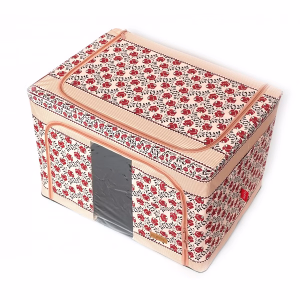 Cutie de Depozitare Pliabila, Flippy,100 L din Bumbac si In, 60X42X40 cm, Fereastra Frontala, 2 Usi de Acces cu Fermoar Bidirectional, Cadru Metalic, Suport Baza Stabil din Plastic, Motiv Traditional Model 4 - imagine 6