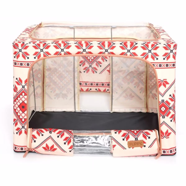 Cutie de Depozitare Pliabila, Flippy,100 L din Bumbac si In, 60X42X40 cm, Fereastra Frontala, 2 Usi de Acces cu Fermoar Bidirectional, Cadru Metalic, Suport Baza Stabil din Plastic, Motiv Traditional Model 2 - imagine 5
